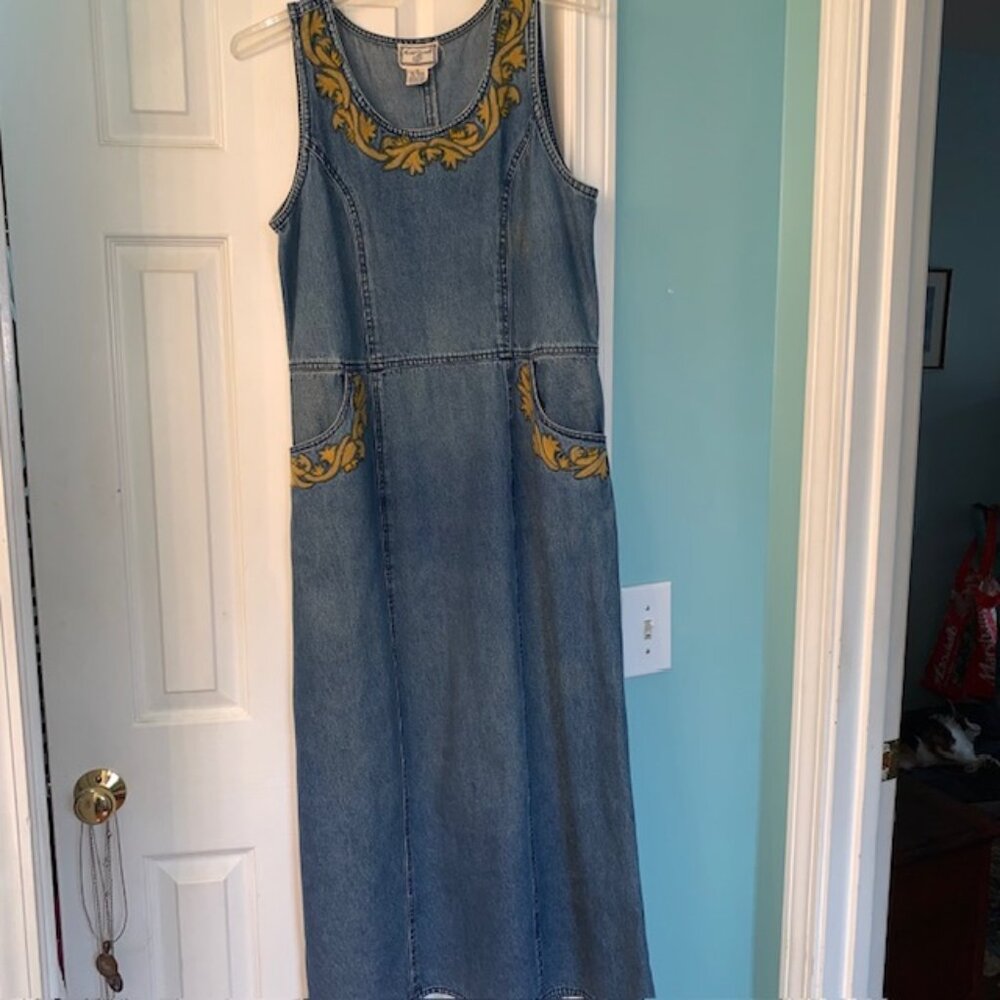 April Cornell Casual Denim Sleeveless Dress with Gold/Green Embroidery
